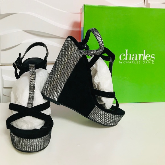 Charles David height wedge black suede sandals - Picture 2 of 5